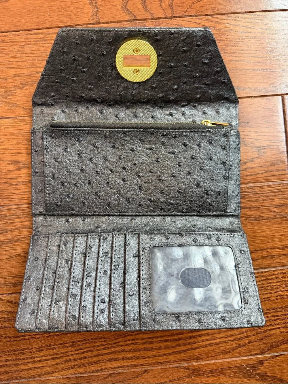 Dark Gray / Black Ostrich-Textured Envelope Wallet or Clutch w/ Gold Turn-Lock.